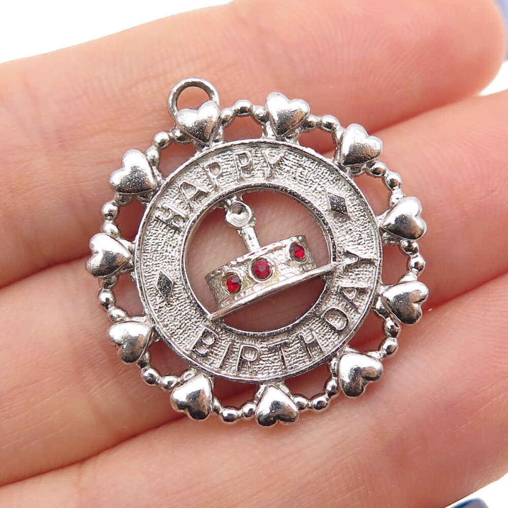 WELLS 925 Sterling Silver Vintage Rhinestone Happy Birthday Charm Pendant
